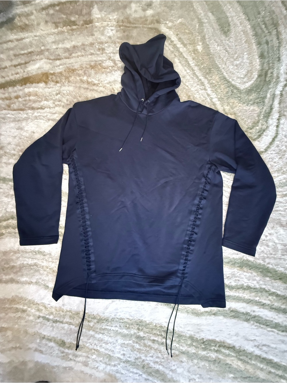 Helmut Lang Navy Crewneck Hooded Lace-Up Side Sweater